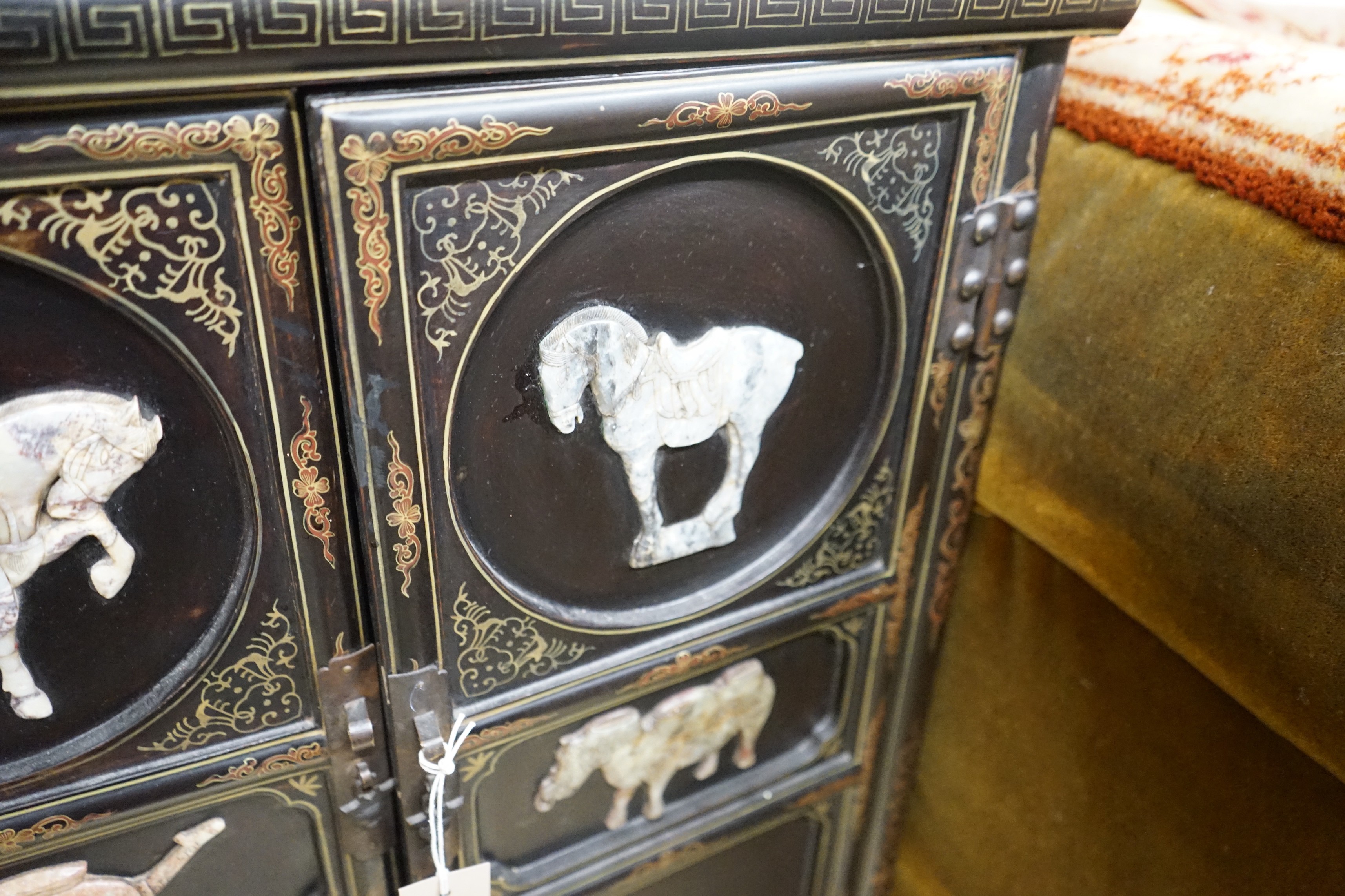 A Chinese painted hardstone mounted two door side cabinet, width 60cm, depth 31cm, height 89cm